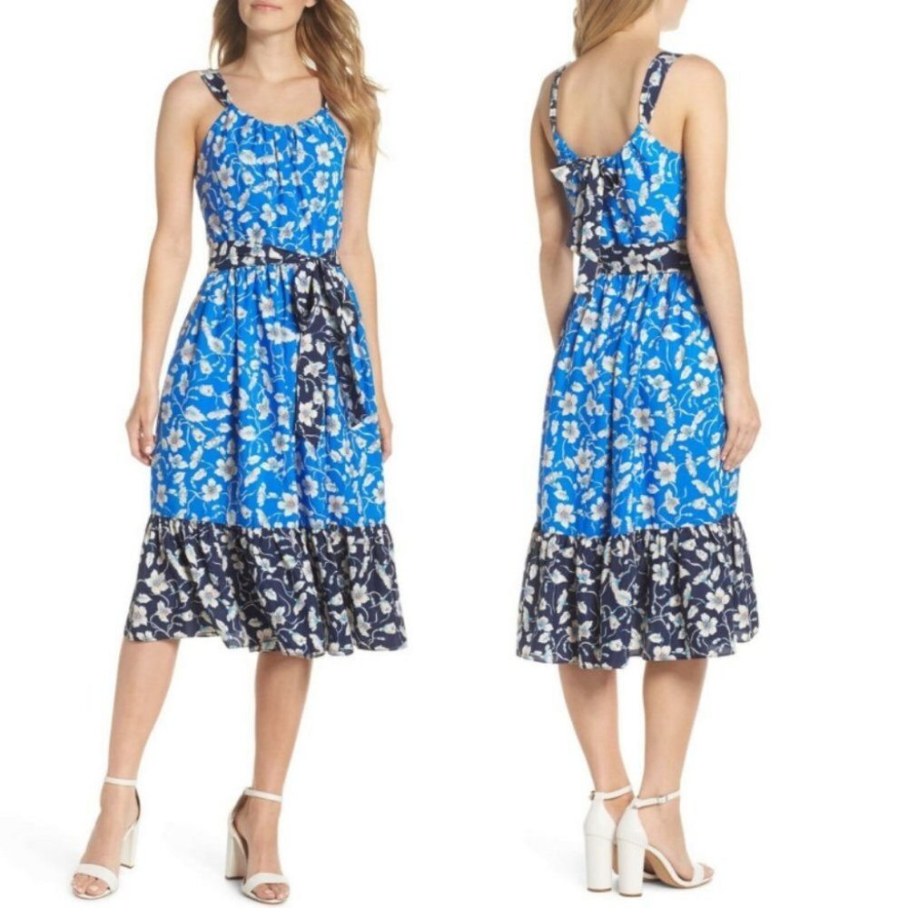 New Eliza J Floral Bow Tie Back Midi Sundress Blue Size 16 Nordstrom Pocket boho
